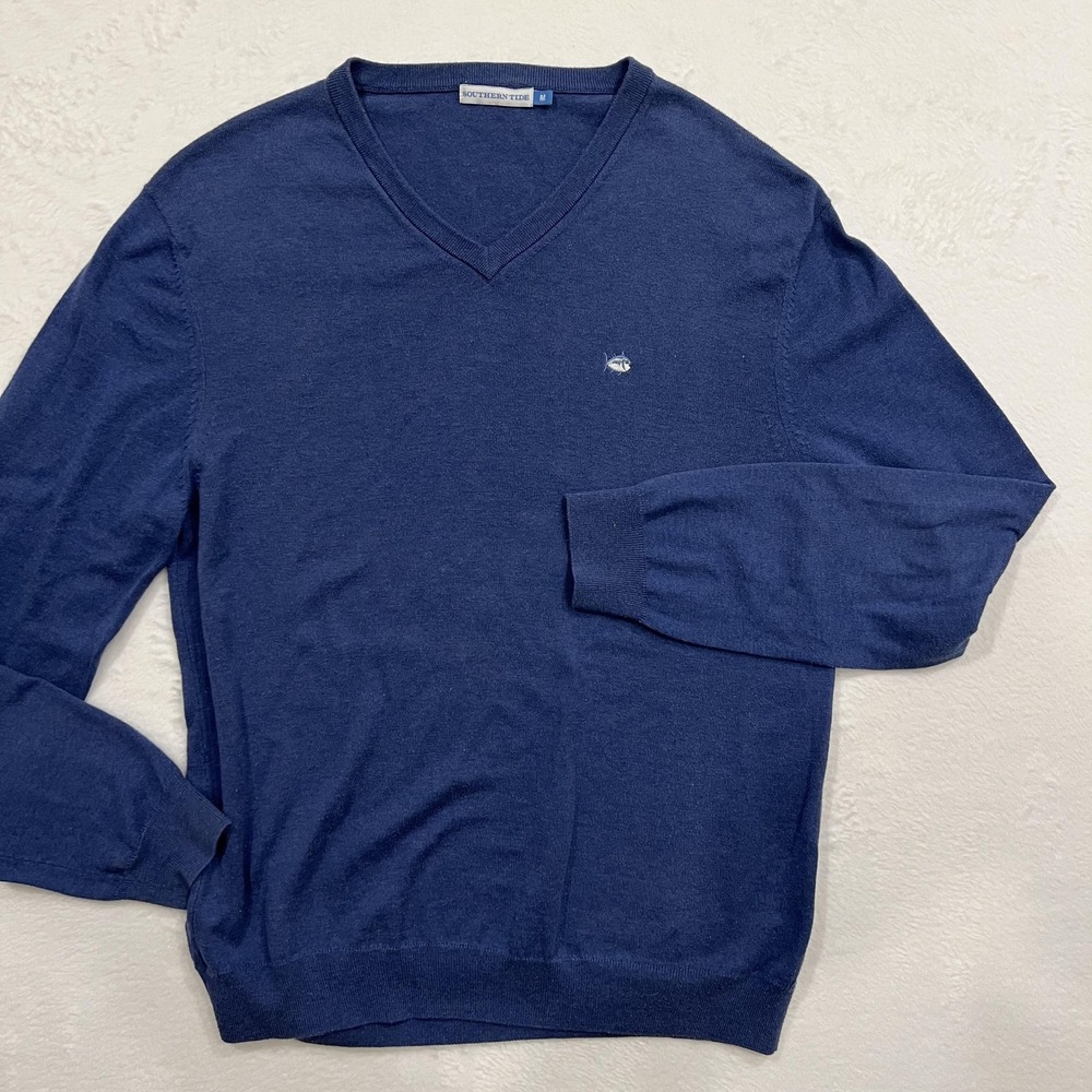 Southern Tide Sweater Mens Medium Blue V Neck Pima Cotton Pullover Logo Knit